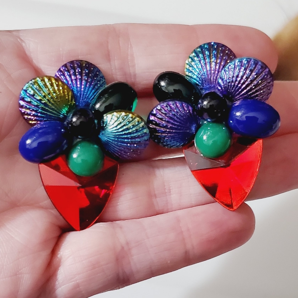 Vintage 80's shell mermaid earrings big statement runway purple red